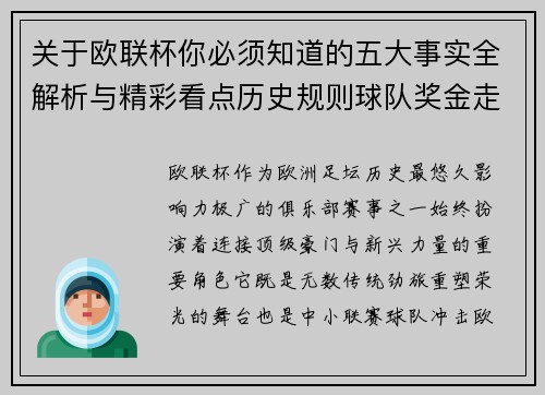 关于欧联杯你必须知道的五大事实全解析与精彩看点历史规则球队奖金走势