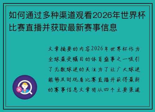 如何通过多种渠道观看2026年世界杯比赛直播并获取最新赛事信息
